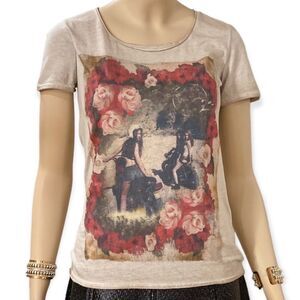Tan Retro Graphic Round Neckline Short Sleeve T-Shirt Athletic Vintage NEW